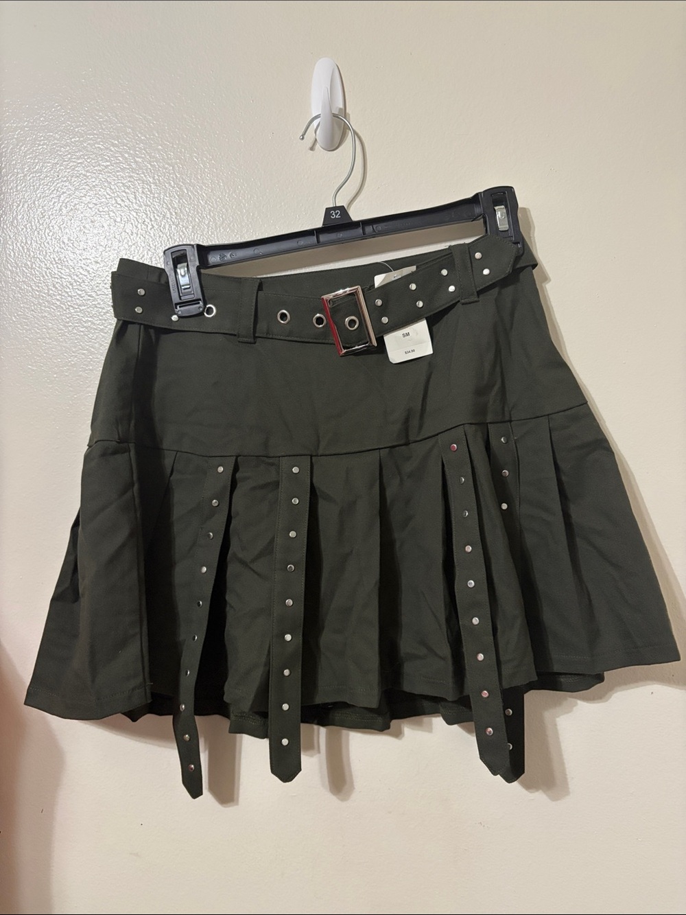 Hot Topic Olive Green Pleated Mini Skirt with Studded Strap Details